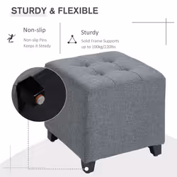 HOMCOM Linen-Look Square Ottoman Footstool Button Tufts Wood Frame Padding Grey