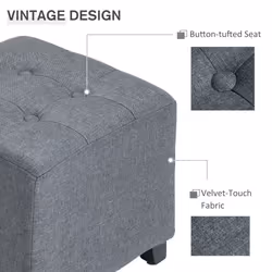 HOMCOM Linen-Look Square Ottoman Footstool Button Tufts Wood Frame Padding Grey