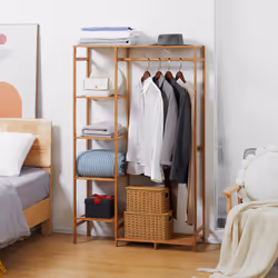 HOMCOM Bamboo Clothes Rail Garment Rack with 6 Tier Storage Shelf Hanging Rod