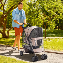 PawHut Dog Stroller W/ Rain Cover, Foldable Pet Pram for S, XS Dogs, Brown