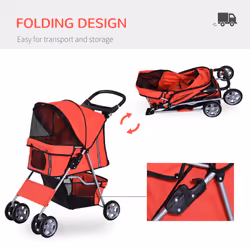 PawHut Dog Stroller W/ Rain Cover, Foldable Pet Pram for S, XS Dogs, Red