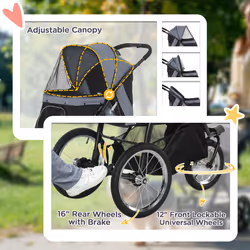 PawHut 3 Wheel Pet Stroller, for Medium Small Dogs, Foldable Cat Pram - Grey - Additional view 5
