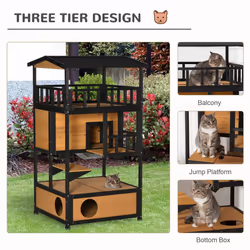 PawHut Wooden Outdoor Cat House 3-Tier Kitten Shelter w/ Tilted Roof Yellow