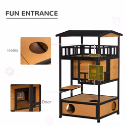 PawHut Wooden Outdoor Cat House 3-Tier Kitten Shelter w/ Tilted Roof Yellow - Additional view 4