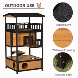 PawHut Wooden Outdoor Cat House 3-Tier Kitten Shelter w/ Tilted Roof Yellow - Additional view 5