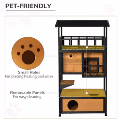 PawHut Wooden Outdoor Cat House 3-Tier Kitten Shelter w/ Tilted Roof Yellow - Additional view 6