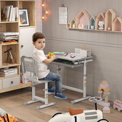 HOMCOM Kids Desk and Chair Set w/ Drawer, Pen Slot Hook - Grey