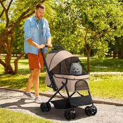 PawHut Pet Stroller Dog Foldable Travel Carriage with Reversible Handle, Brown