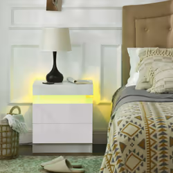 HOMCOM High Gloss Bedside Table with LED Light and 2 Drawers, White