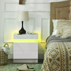 HOMCOM High Gloss Bedside Table with LED Light and 2 Drawers, White