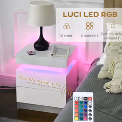 HOMCOM High Gloss Bedside Table with LED Light and 2 Drawers, White
