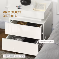 HOMCOM High Gloss Bedside Table with LED Light and 2 Drawers, White - Additional view 5