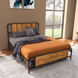 HOMCOM Double Bed Frame Steel Bed Base with Headboard 145 x 199cm Brown