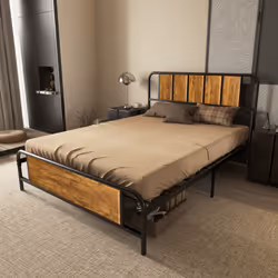 HOMCOM Double Bed Frame Steel Bed Base with Headboard 145 x 199cm Brown - Additional view 4