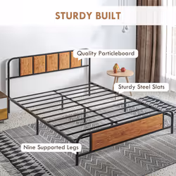 HOMCOM King Size Bed Frame with Headboard, Steel Bed Base 160 x 207cm Brown - Additional view 4