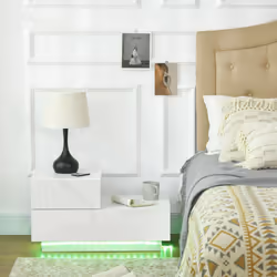HOMCOM High Gloss Front Bedside Table Nightstand with LED Light Remote White