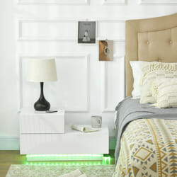 HOMCOM High Gloss Front Bedside Table Nightstand with LED Light Remote White