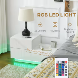 HOMCOM High Gloss Front Bedside Table Nightstand with LED Light Remote White