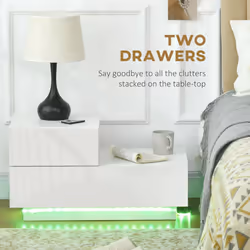 HOMCOM High Gloss Front Bedside Table Nightstand with LED Light Remote White