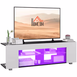HOMCOM TV Stand 145cm TV Unit with Glass Shelves RGB LED Light for 60"TV White