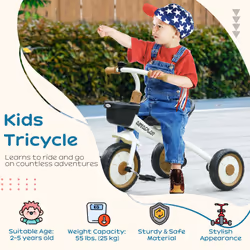 AIYAPLAY Trike W/ Adjustable Seat Basket, Kids Tricycle for 2-5 Years Old, White