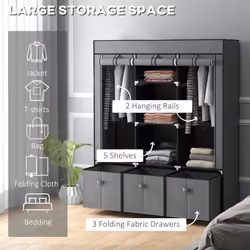 HOMCOM Portable Wardrobe w/ 5 Shelves 3 Fabric Drawers and 2 Hanging Rails Grey