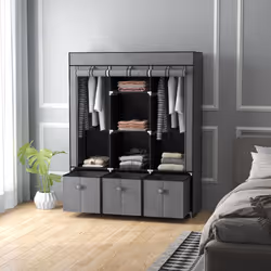HOMCOM Portable Wardrobe w/ 5 Shelves 3 Fabric Drawers and 2 Hanging Rails Grey - Additional view 5