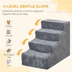 PawHut Four-Step Portable Dog Stairs with Washable Plush Cover, Light Grey