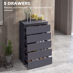 HOMCOM Bedroom Chest of Drawers, High Gloss 5 Drawers Dresser, Grey