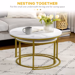 HOMCOM Marble Coffee Table Set of 2, Round Nest of Tables for Living Room