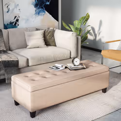 HOMCOM Storage Ottoman Bench Padded w/ Tufting Hinged Lid Wood Frame Beige