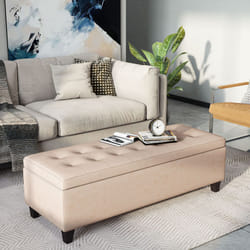 HOMCOM Storage Ottoman Bench Padded w/ Tufting Hinged Lid Wood Frame Beige