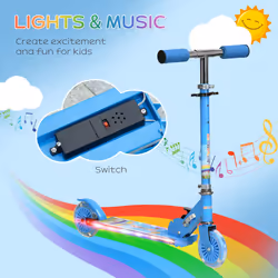 HOMCOM Kids Scooter 2 Wheels W/ Lights Music Adjustable Height Foldable - Blue