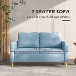 HOMCOM 2 Seater Sofa Modern Fabric Couch with Wood Legs and 2 Pockets Blue