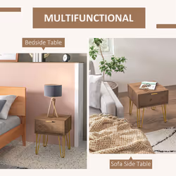 HOMCOM Bedside Table with Drawer, Gold Metal Legs for Living Room Bedroom