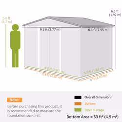 Outsunny 9 x 6FT Galvanised Garden Storage Shed with Sliding Door, Silver