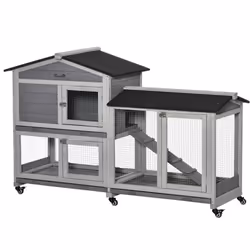 PawHut Wooden Rabbit Hutch Guinea Pig Cage w/ Wheels, Run, Ramp, Light Grey