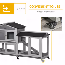 PawHut Wooden Rabbit Hutch Guinea Pig Cage w/ Wheels, Run, Ramp, Light Grey - Additional view 4