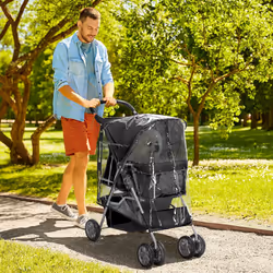 PawHut Pet Travel Stroller with Rain Cover, Wheels Zipper Entry Cup Holder Black