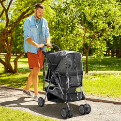 PawHut Pet Travel Stroller with Rain Cover, Wheels Zipper Entry Cup Holder Black