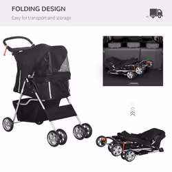 PawHut Pet Travel Stroller with Rain Cover, Wheels Zipper Entry Cup Holder Black