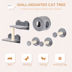 PawHut 5Pcs Cat Wall Furniture with Perch, Cat Condo, Scratching Post - Grey