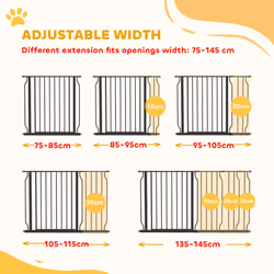 PawHut Dog Gate Wide Stair Gate w/ Door Pressure Fit, 75-145W cm, Black