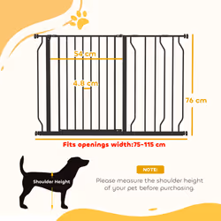 PawHut Dog Gate Wide Stair Gate w/ Door Pressure Fit, 75-115W cm, Black