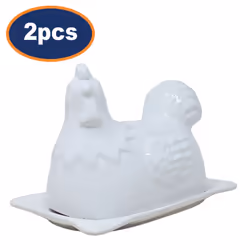 Butter Dish Hen Design Novelty Porcelain White Storage Container Kitchen 2Pcs