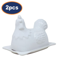 Butter Dish Hen Design Novelty Porcelain White Storage Container Kitchen 2Pcs