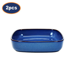 Baking Oven Dish 2pc Set Stoneware Roast Tray Square Reactive Glaze Blue 1.8L