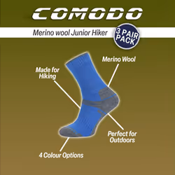 Comodo - 3 Pack Kids Merino Wool Hiking Socks | Anti Blister Socks for Boys & Girls - 7-10 Years, Turquoise