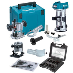 Makita DRT50ZJX2 18v Cordless Brushless Router Trimmer + Plunge Base + Trend Set