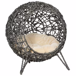 PawHut Rattan Elevated Cat House Kitten Bed Pet Furniture w/ Cushion Grey - Additional view 4